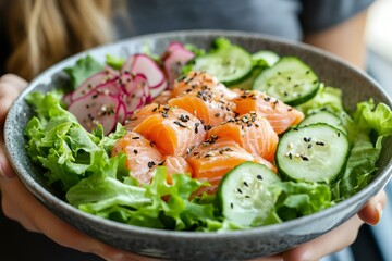 Wall Mural - Woman holding bowl of fresh salmon, cucumber, radish, and lettuce salad