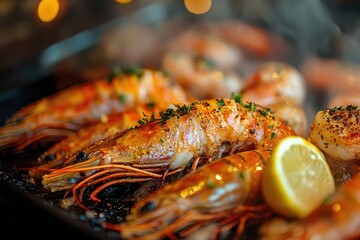 Poster - Grilled tiger prawns with lemon and herbs grilling on a hot skillet