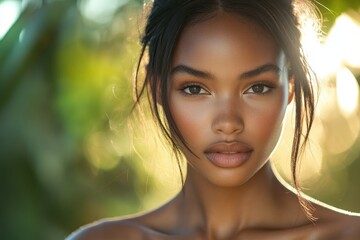 Wall Mural - Beautiful black woman posing with natural look in nature