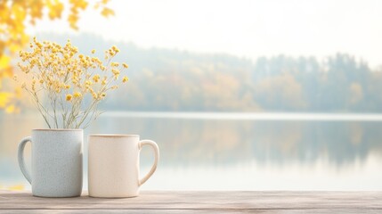 Wall Mural - Tranquil Autumn Reflection Rustic Mugs by a Serene Lake in Fall