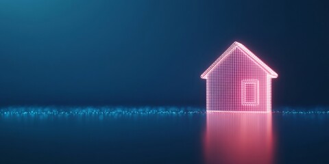 Leinwandbilder - Neon House Silhouette Against Digital Grid Sky Reflecting Modern Tech Aesthetics