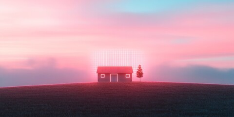 Aufkleber - Silhouetted Cabin Against Neon Grid Sky Digital Privacy and Security Concept