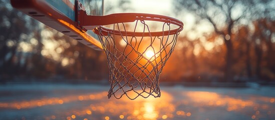 Wall Mural - Sunset basketball hoop close-up.