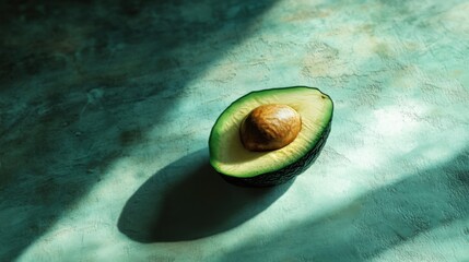 Wall Mural - A halved avocado with its seed on a blue surface