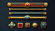 © Sahraya - Cartoon set of medieval game buttons in golden frame isolated on background. Vector illustration of rectangular rank frame, luxury nameplate, vintage bar. Yellow, blue, red gui design elements