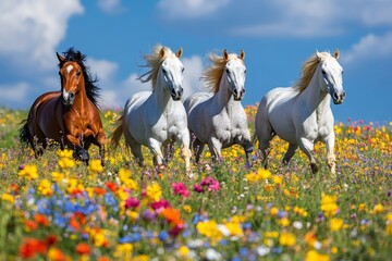 Wall Mural - horses running in a meadow with colorful flowers