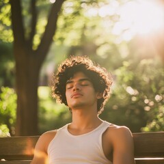 Wall Mural - man with curly hair sitting on a bench in a park with the sun shining