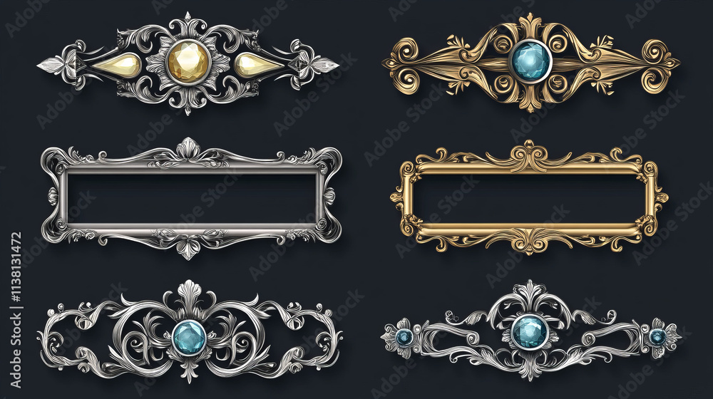 Silver and golden vintage game frames, ui medieval borders of gold or ...