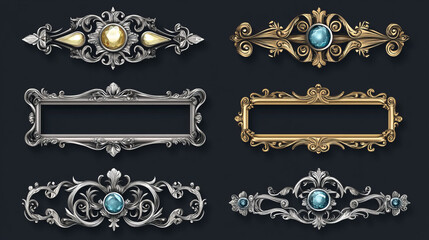 Wall Mural - silver and golden vintage game frames, ui medieval borders of gold or steel metal with gems. cartoon