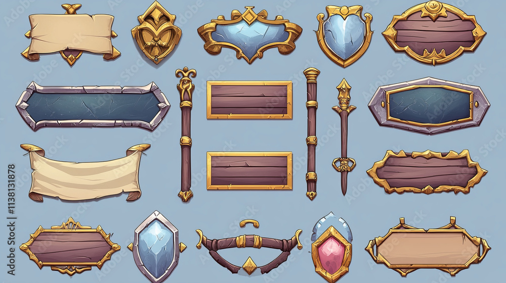 Medieval game menu frames, ui elements, buttons, gold, silver and red ...