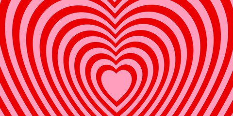Poster - Monochrome horizontal background of heart shaped tunnel. Rainbow romantic pattern. Pink and red colors. Trendy vector illustration in style retro 60s, 70s.