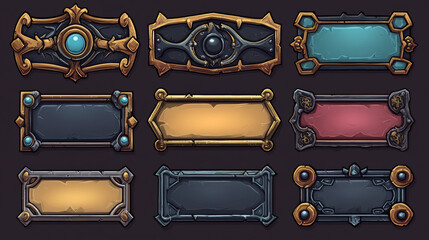 Frames medieval game ui. Empty rectangle frames in old style, interface elements. Metallic banners or decorative borders. cartoon set of blank rectangle buttons