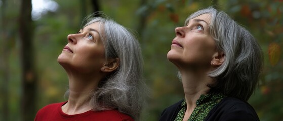 Wall Mural - two women looking up in a forest