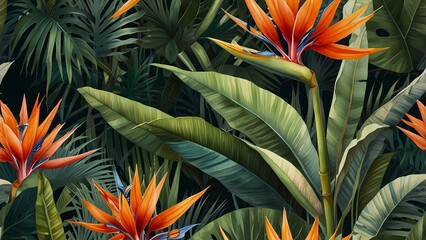 watercolor exotic pattern with leaves and flowers. tropical floral wallpaper for textile, card, patt