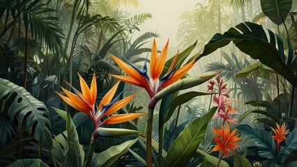 watercolor tropical pattern with leaves and strelizia flowers. exotic floral for textile, card, patt