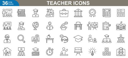 teacher icons set. classroom, lesson planning, desk, student, assessment, educational technology and