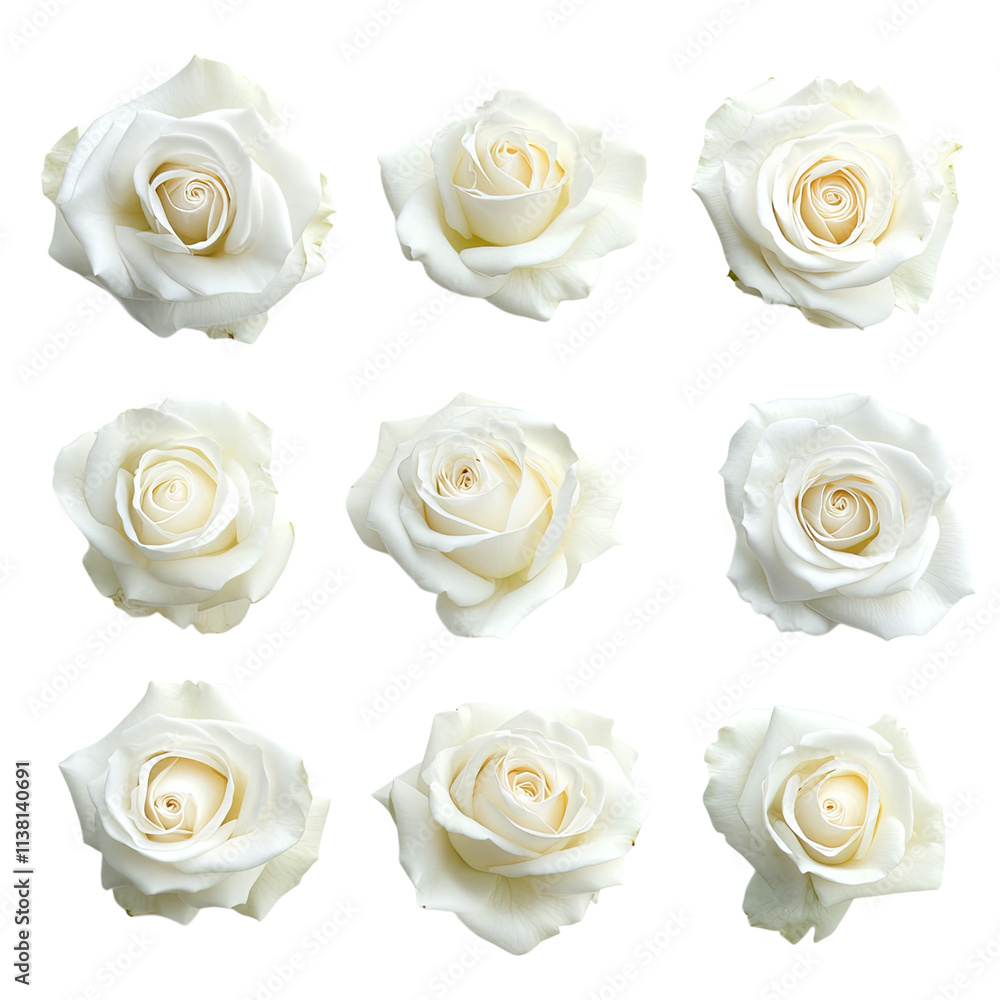 6 white rose flower heads isolated on a white background, top view ...