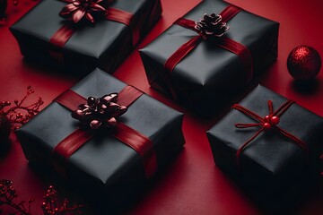 Canvas Print - Elegant Black Christmas Gift Boxes With Red Accents