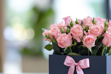 Wall Mural - beautiful arrangement of pink roses in stylish box with ribbon, perfect for gifts or decoration. soft colors and elegant presentation create warm and inviting atmosphere