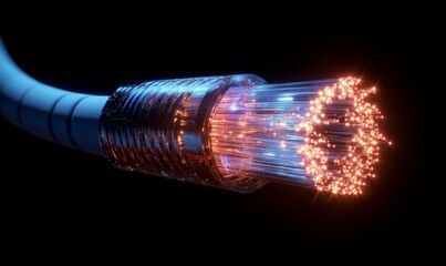 Blue fiber optic cable with glowing end light, fiber optic, cable, blue, technology, data, communication, connection