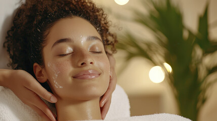 Wall Mural - girl enjoys relaxing facial treatment in spa setting, with serene expression and glowing skin. atmosphere is calming, enhanced by soft lighting and greenery