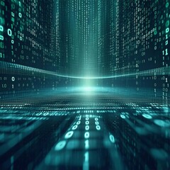 Wall Mural - abstract futuristic 3d background, turquoise cyberspace with glowing binary code particles - generat