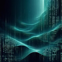 Wall Mural - abstract futuristic 3d background, turquoise cyberspace with glowing binary code particles - generat