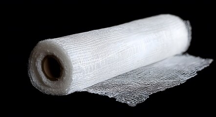 Rolled gauze bandage on black background