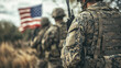 © nuttachet chinavong - United States soldiers standing in formation with American flag. scene conveys sense of duty and patriotism, highlighting military service and camaraderie