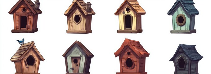 Wall Mural - Adorable cartoon birdhouse. A set of modern illustrations featuring homes for sparrows and pigeons, ideal for gardens. Wooden birdhouse art designed for titmouse families, complete with oak leaves