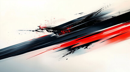 Poster - Dynamic Digital Ink Painting with Red and Black Brush Strokes, Motion Blur, and Speed Lines Against a Light Gray Background. Minimalist Japanese Calligraphy Inspired Design.
