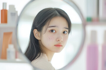 Wall Mural - young Asian woman with worried expression looks into mirror, surrounded by skincare products. Her freckles add unique charm to her thoughtful gaze