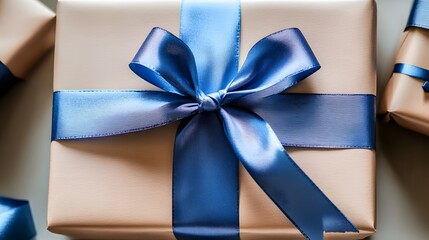 Wall Mural - A beautifully wrapped gift box with a blue ribbon, symbolizing celebration and generosity.