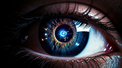A photo of an eye with laser analysis