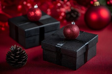 Canvas Print - Elegant Black Gift Boxes Adorned With Red Ornaments