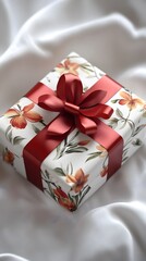 Wall Mural - A beautifully wrapped gift box adorned with floral patterns and a red ribbon on a soft surface.