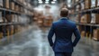 © hakule - businessman in a blue suit, standing with his back to the camera and watching the blurred warehouse with boxes in the background
