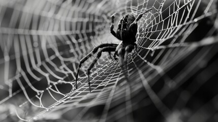 Intricate Arachnid Art: Close-Up of Black and White Spider Web with Creepy Crawler at Center