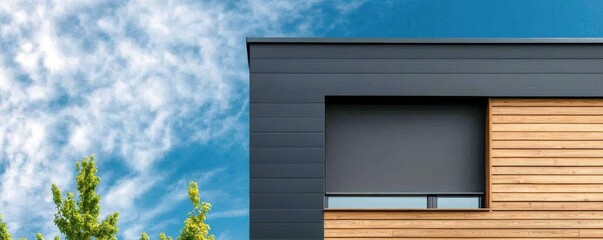 Wall Mural - A modern building facade featuring wooden elements, sleek lines, and a blue sky backdrop with clouds.