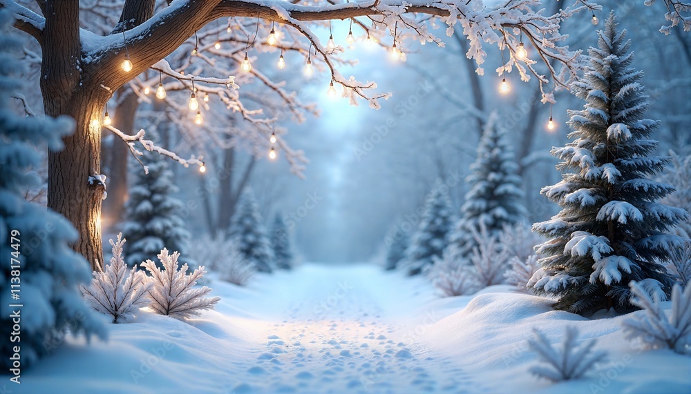 Snowy winter path illuminated by lights through a tranquil forest scene ...
