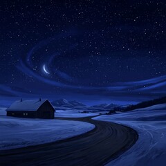 Wall Mural - Snowy landscape at night with crescent moon, stars, and a cabin.