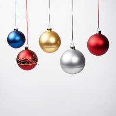 Wall Mural - Collection set of five silver, blue, golden and red Chritmas balls hanging with a string, Christmas shiny baubles isolated on transparent background