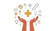 © lime - Sophisticated Medical Iconography: Encompassing Diverse Healthcare Symbols Held Together by Open, Welcoming Hands, 洗練された医療アイコン: 開かれた温かい手でまとめられる多様なヘルスケアシンボルを含んで.Generative AI