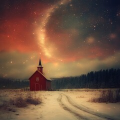 Wall Mural - Winter Church Under a Starry Night Sky