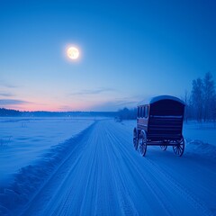 Wall Mural - A horse-drawn carriage sits on a snowy road under a bright moon at twilight.