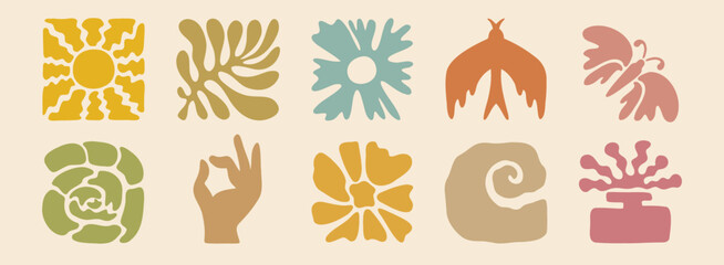 Wall Mural - boho summer beach doodle retro drawing icon set. hand drawn groovy geometric sun, bird, flower, leaf