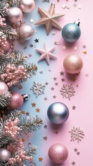 Wall Mural - a beautifully arranged festive holiday scene with pink and blue christmas baubles, stars, and glitte