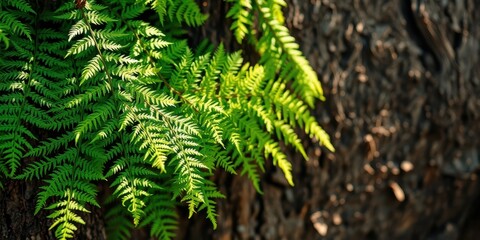 A lush fern frond with delicate green leaflets emerges from the rough texture of a tree trunk, sunlight casting a gentle glow on its vibrant foliage.