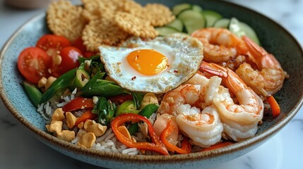 Wall Mural - A vibrant plate of Nasi Goreng with fried eggs, vegetables, and shrimp, garnished with a side of crispy prawn crackers