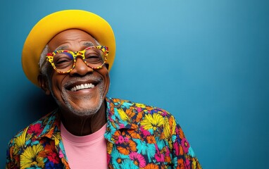 A man wearing a hat and a flowery shirt is smiling